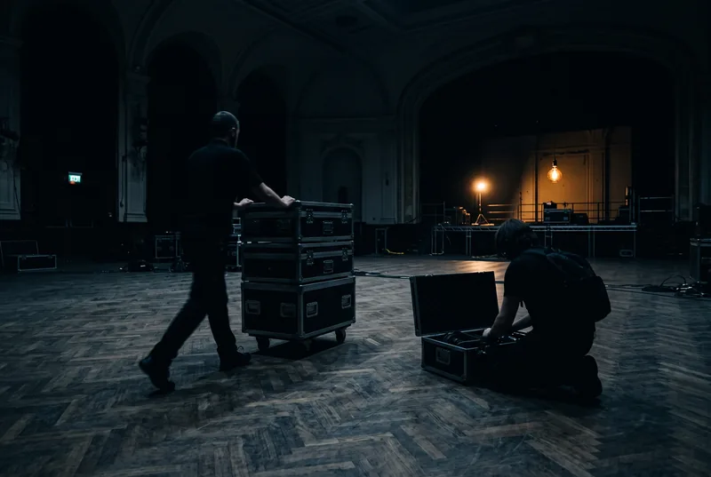 Two technicians wheeling flight cases into a dark, empty hall lit by a single work light.