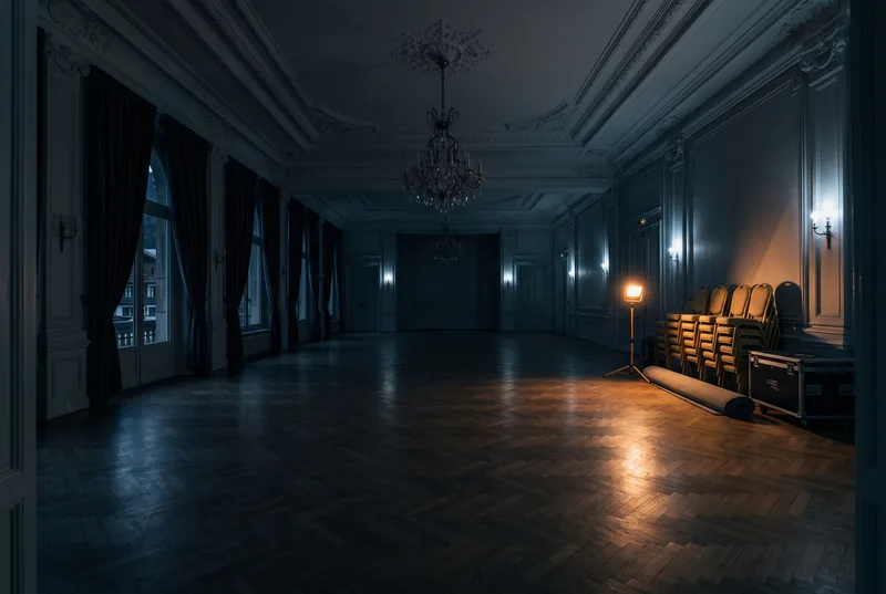 An empty alpine ballroom before an event, stacked chairs and a road case under one work light.