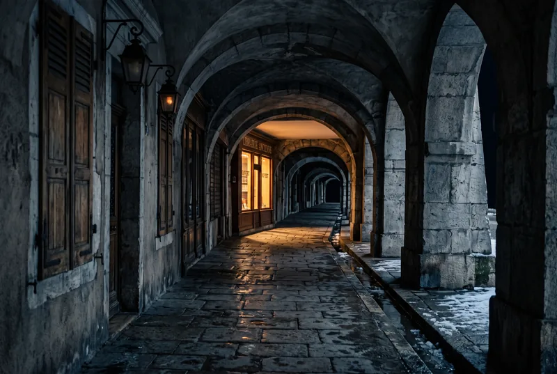 A stone arcade in the old town of Annecy at night, one lit shopfront in the distance.