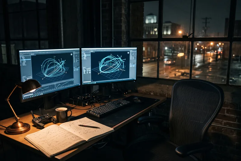 A designer's desk at night in Detroit, trajectory plots on two screens and an open notebook.